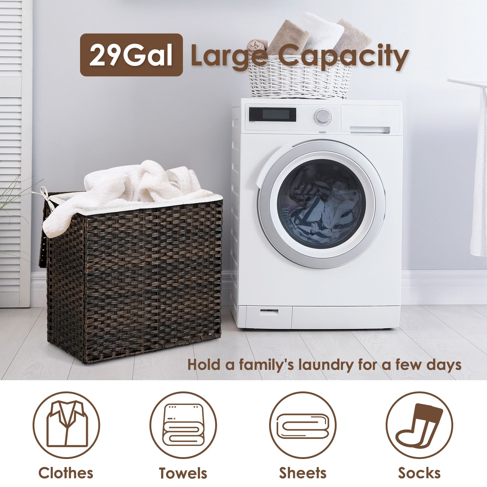 3-Section Collapsible Laundry Hamper with Lid and Removable Liner Bag